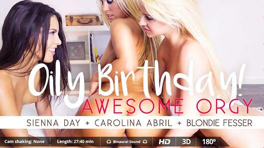 Make your birthday celebration extra special with Sienna Day, Carolina Abril, and Blondie Fesser. Let these three beautiful and irresistible ladies take you to an unforgettable journey of pure virtual ecstasy. Watch in awe as they take turns giving you blowjobs and riding you in cowgirl positions. Be amazed as they turn up things by using sex toys and body oil! Experience this wonderful BGGG foursome in its full splendor at VirtualRealPorn! Prepare to get oiled up and get busy because these girls will not stop until the four of you reach orgasm at the same time. VR Porn video starring Sienna Day, Carolina Abril and Blondie Fesser. (Video duration: 27:40 min)