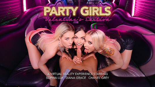 It's Valentine's Day and Chanel Grey, Diana Grace, and Sophia Lux were out partying. Unfortunately, they didn't pick up any guys to have fun with... until they notice a hot stranger on their shuttle back to their hotel. Lucky for him, he's solo and these babes take him back to the hotel to ride his big cock!