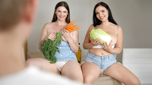 Sofia Lee and her best friend Taylee Wood are making a salad for lunch and talking about the boys from VR porn videos. Sofia notices that her stepbrother keeps making up excuses to come into the kitchen and always stares at Taylee as he leaves. They decide to tease him and stick their asses out the next time he comes into the room. When you stop to stare, Sophia lifts Taylee's skirt up and invites you to get a better look at her big ass. You try to cover yourself, but the girls tell you to let them see if you are getting excited. Sophia gets in on the teasing as they offer to show you more if you will do the same. As much as you like their big asses, you are even more thrilled when they pull down their tops and show you their big, natural tits. Taylee gets turned on watching her best friend being so open sexually with you. She takes your hard dick into her mouth but keeps Sophia close to make sure her sexy friend doesn't back out of the naughty taboo threesome. They share a blowjob before Taylee wraps her best friend's tits around your cock. You know it is wrong, but it feels too good and Sophia wants her friend to join the party for an oily four boob titfuck. Though you were admiring Taylee all day, you can't resist when Sofia wants to feel your cock in her wet pussy. Taylee waits her turn but has fun playing with her best friend as well. You have enough cock for both of them and they are happy to take your big load on their faces. Taylee can't wait to come visit again and Sofia can't wait to get her stepbrother alone for round two. VR porn featuring: Sofia Lee, Taylee Wood. (Video duration: 40 min)