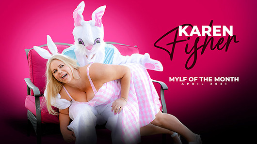 Blonde curvy MILF Karen Fisher is hiding around some easter eggs in her backyard when suddenly Robby Apples dressed as the easter bunny joins in and starts looking for all of the eggs. Suddenly, as Karen is bending over, the bunny notices her thong under her spring dress and gets extra excited. The bunny leads Karen inside to have fun doing some delicious easter humping!